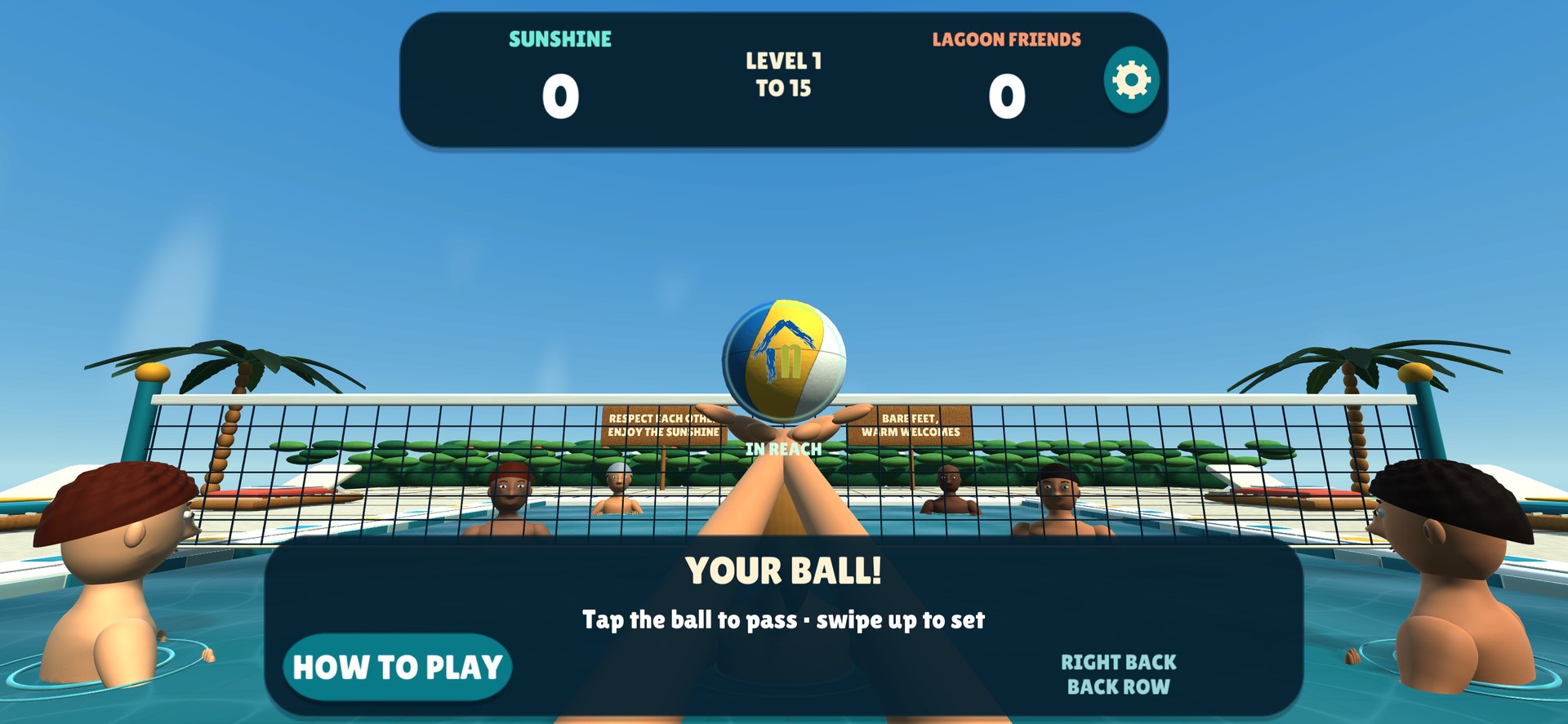 A first-person game view, with a branded volleyball above the net and cartoon adult players covered by the pool water.